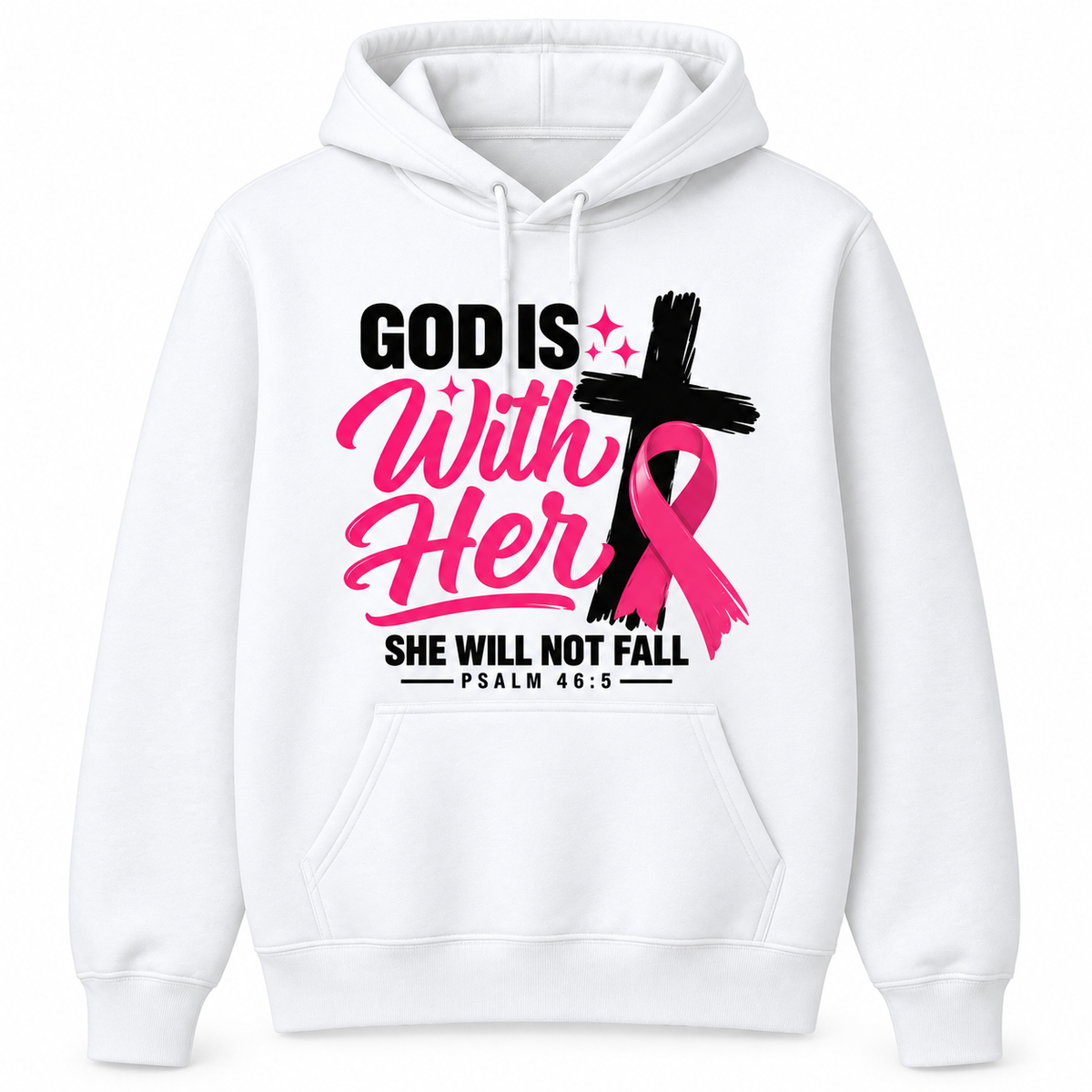 White hoodie with God Is With Her lettering, a black cross, and a pink awareness ribbon
