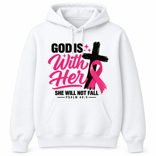 White hoodie with God Is With Her lettering, a black cross, and a pink awareness ribbon