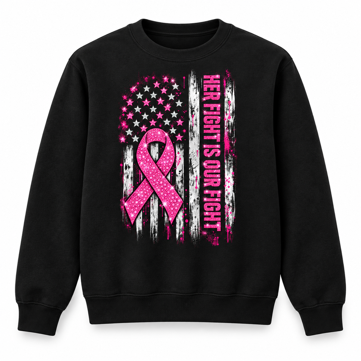Black crewneck with a pink awareness ribbon and vertical flag design