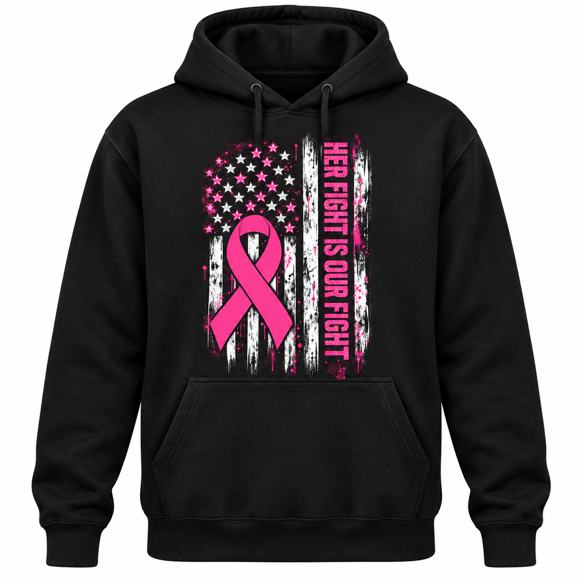 Black hoodie with a pink awareness ribbon and vertical flag design